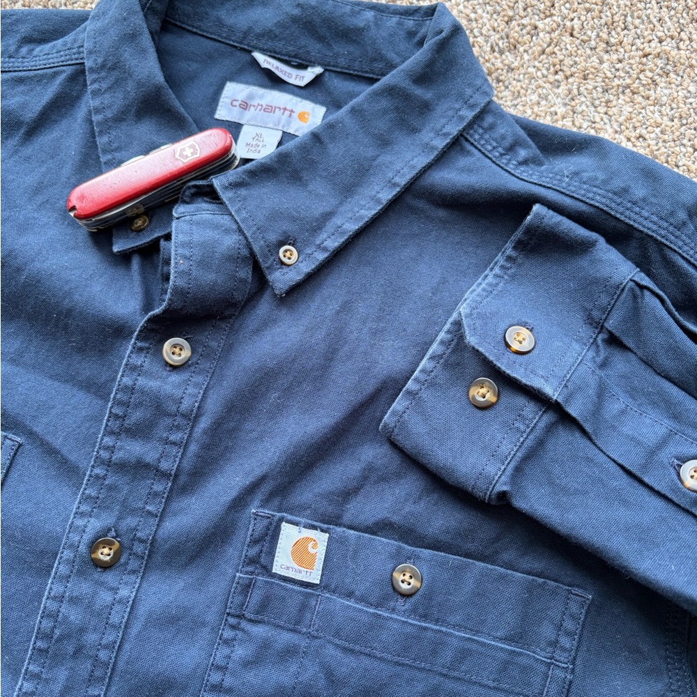 Carhartt Navy Blue Button Down Work Shirt Relaxed Fit Size Men’s Big and Tall XL